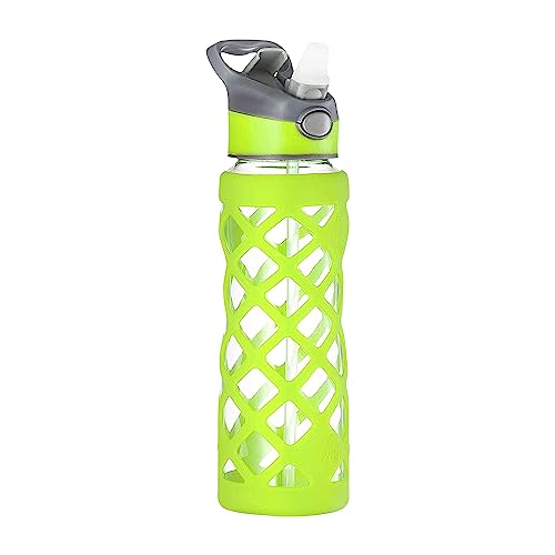 Swig Savvy Glas Wasserflasche - Schutz-Silikon-Hülle mit 3 auswechselbaren Leck-Sicheren-Verschlußn. Schlank, langlebig & stilvoll - Pba-Frei- Bruchsicher Borosilicatglas 1er Paket Grün