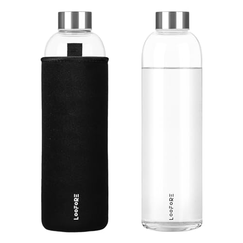 LOOFORE Trinkflasche aus Glas 1l / 1 liter - Glasflasche 1000ml mit Neoprenhülle/Schutzhülle - Glastrinkflasche mit Schraubverschluss - Wasserflasche Glas für kohlensäurehaltige Getränke