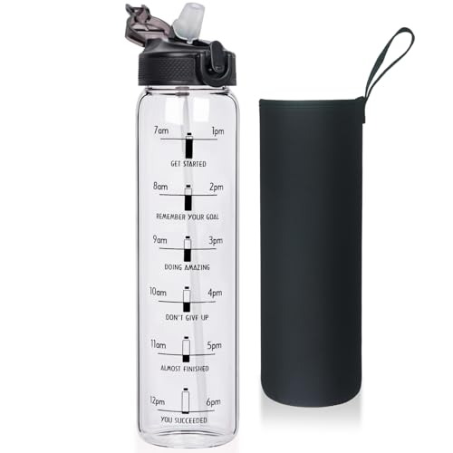 Reeho 1 Liter Borosilikat Glasflasche mit Strohhalm, 1000ml Trinkflasche Glas Wasserflasche mit Zeitmarkierungen BPA-freie, Auslaufsicher (Schwarz)