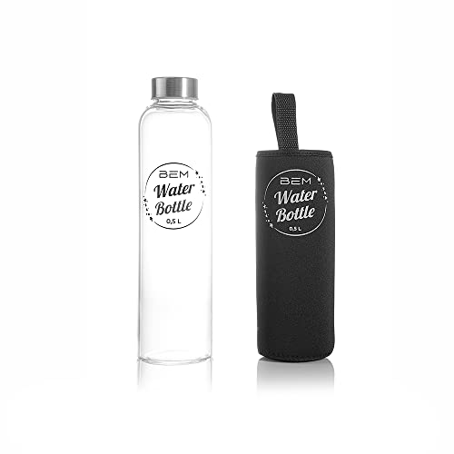 Water Bottle - Trinkflasche aus Glas mit Edelstahldeckel, 500ml, Spülmaschinenfest, Stoßfest, Silikonhülle, Borosilikatglas, robust