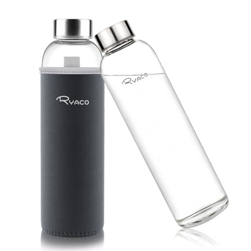 Ryaco Glasflasche 1 liter /1l - 550ml - Trinkflasche Wasserflasche Glas mit Neoprenhülle - Flasche Glas mit Schwammbürste - Glastrinkflasche für kohlensäurehaltige Getränke