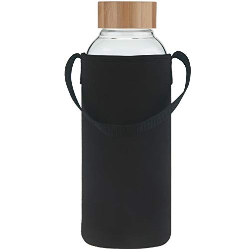 Ferexer 1.5 Liter Sport Borosilikat Trinkflasche Glas Wasserflasche mit Bambus Deckel mit Neoprenhülle 1500 ml / 1.5 L