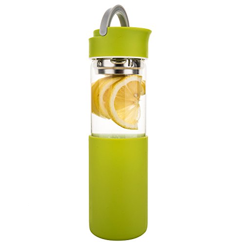 Life4u Wasserflasche aus Borosilikat-Glas, zur Getränkeherstellung mit Tee- und Obstgeschmack, Silikon-Ummantelung und abnehmbares Sieb, 510 ml, grün