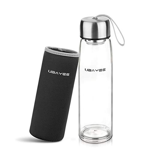 UBAYEE Glasflasche Trinkflasche 550ml BPA Frei Sport Wasserflasche Glas für Unterwegs mit Neopren Tasche, Auslaufsicher Deckel und Siebeinsatz (Schwarz)