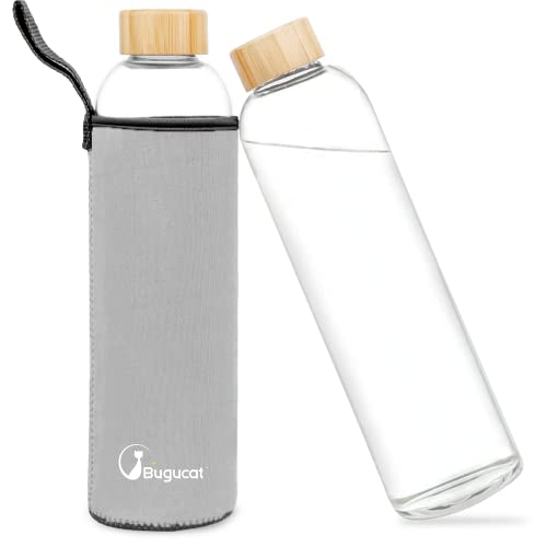 Bugucat Glasflasche 1000 ML, Trinkflasche aus Glas mit Bambusdeckel und Schutzhülle，Wasserflasche Auslaufsicher aus Borosilikatglas, Karaffe für Smoothies Säfte Wasser und Getränke, BPA-Free