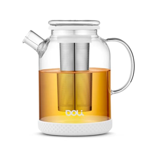Doli 1,5L Teekanne Glas mit Siebeinsatz White - Langes Edelstahl Sieb für pures Aroma - für heiße & kalte Getränke - Spülmaschinenfest - BPA-frei