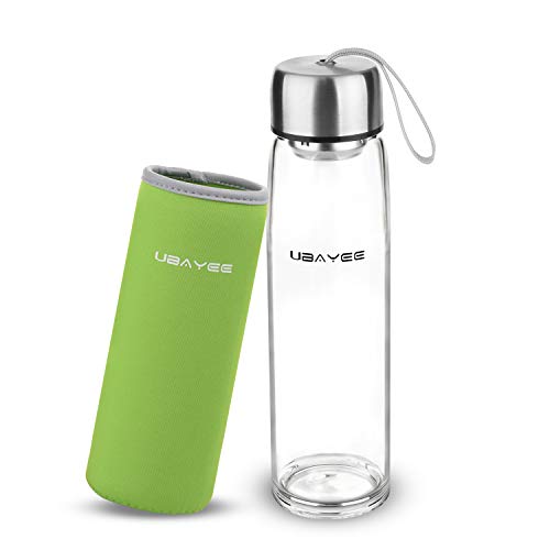 UBAYEE Glasflasche Trinkflasche 550ml BPA Frei Sport Glas Wasserflasche mit Neopren Tasche, Siebeinsatz und Auslaufsicher Deckel für Camping, Yoga, Jogging, Fitness (Lindgrün)