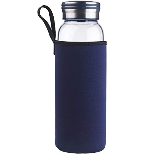 Cleesmil Sport Trinkflasche Glas, Wasserflasche Glas BPA Frei Glasflasche 1 Liter / 1 L (Blau)