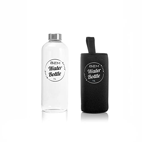 Water Bottle - Trinkflasche aus Glas mit Edelstahldeckel 1000ml, Spülmaschinenfest, Stoßfest, Silikonhülle, Borosilikatglas, robust