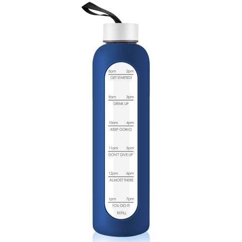 1 Liter Glas Wasserflasche mit Edelstahldeckel, 1000ml Sport-Trinkflasche mit Zeitmarkierung, wiederverwendbare Silikonhülle Flasche für Fitnessstudio, Outdoor-Aktivitäten, Reisen Workout (Dunkelblau)