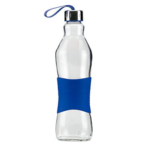 Grip & Go 1.0L Glas Wasserflasche/Kühlschrank Flasche - Rutschfester Silikongriff - Edelstahldeckel - BLAUE