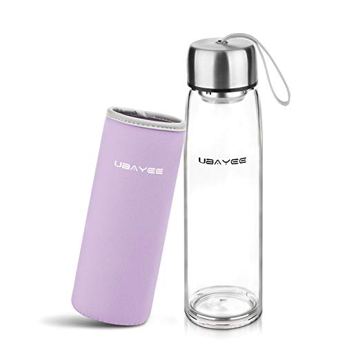 UBAYEE Glasflasche Trinkflasche 550ml BPA Frei Sport Wasserflasche Glas für Unterwegs mit Neopren Tasche, Auslaufsicher Deckel und Siebeinsatz (Lavendel)