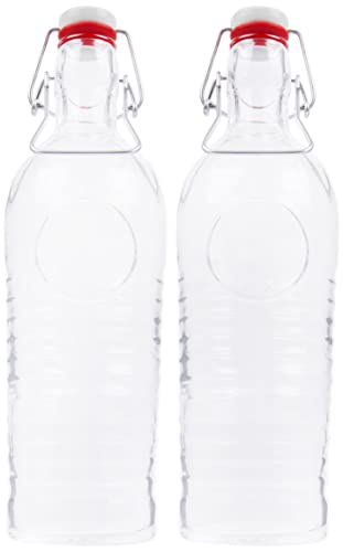 Bormioli 2er Set Glasflasche Officina 1825 - geriffelte 1,2 Liter Flasche mit Bügelverschluss und Relief Verzierung, 4250857232383