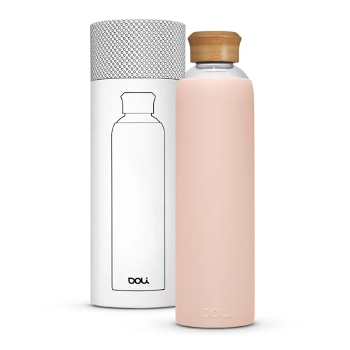Doli Trinkflasche Glas mit Silikonhülle 1L Blush - Ideal für Heißes & Kohlensäurehaltige Getränke - Absolut dicht - Spülmaschinenfest - BPA-frei