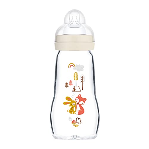 MAM Feel Good Babyflasche aus Glas (260 ml), Milchflasche mit weiter Öffnung, stabile Baby Trinkflasche mit Sauger Gr. 1, ab der Geburt, Hase/Fuchs