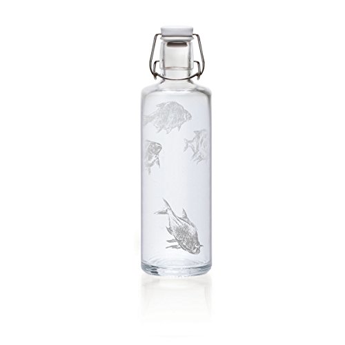 Soulbottles 1,0l Trinkflasche aus Glas • verschiedene Designs, Made in Germany, vegan, plastikfrei, Glastrinkflasche, Glasflasche (Silberfische)