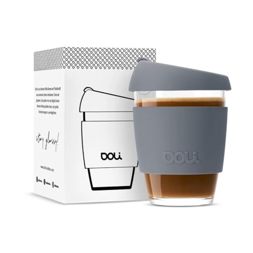 Doli Glas Kaffeebecher to go 340ml Grey - Schwappdicht mit Thermohülle - Trinkbecher für Heiß- & Kaltgetränke - Spülmaschinenfest - BPA-frei