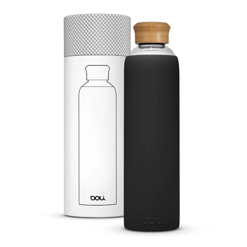 Doli Trinkflasche Glas mit Silikonhülle 1L Black - Ideal für Heißes & Kohlensäurehaltige Getränke - Absolut dicht - Spülmaschinenfest - BPA-frei