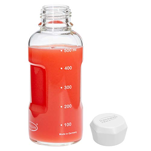 Trendglas Jena Glasflasche/Trinkflasche to go aus Borosilikatglas mit Skala - weißer Verschluss, 500 ml