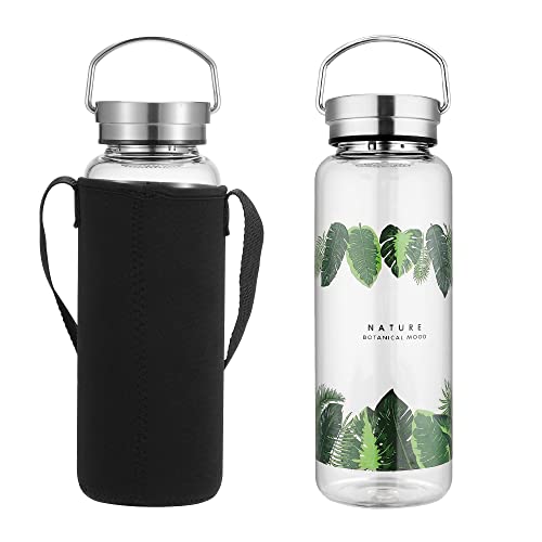 sunkey Trinkflasche Glas 1l Wasserflasche mit Neopren-Hülle Tragbar Auslaufsicher Deckel Wide Mouth Bpa Frei (1000ml)