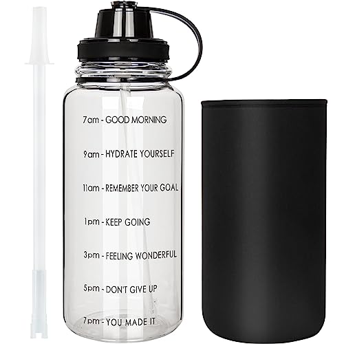 Life4u 2 Liter Trinkflasche Glas mit Strohhalm und Zeitmarkierung, Motivierender Wasserflasche mit Neoprenhülle, Große Glasflasche 2l für Fitness, Zuhause und Büro, Auslaufsicher, BPA-frei