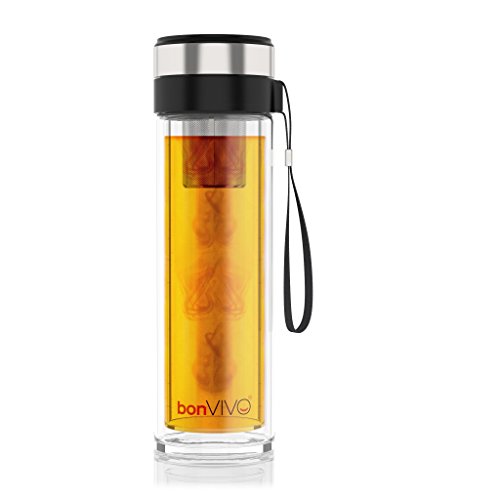 bonVIVO Vitalitea Trinkflasche aus Glas (450ml) - Teeflasche mit Sieb to go aus Borosilikatglas, Doppelwandig - Thermos Smoothie & Tee Flasche Schwarz