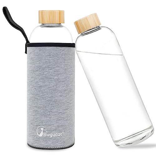 Bugucat Glasflasche 1 Liter, Trinkflasche 1l Glas aus Borosilikat Glas mit Schutzhülle, Auslaufsichere Wasserflasche Glas für kalten Heiß Getränken,Glasflasche Karaffe für Büro Schule Sport,Grau