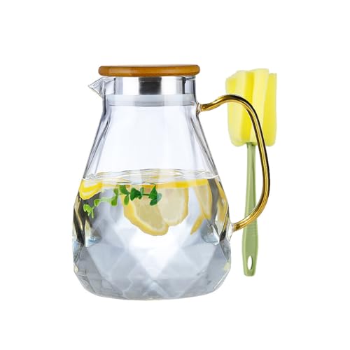 AnaTI Karaffe aus Borosilikatglas mit Deckel und Ausgießer - 2 Litre Glass Jug,Glass Carafe Getränkekanne für hausgemachten Eistee und Saft, LSH-002