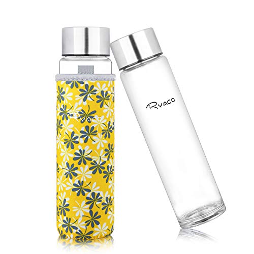 Ryaco Glasflasche Trinkflasche 420ml Borosilikat Classic Tragbare BPA-frei Sportflasche Glas Wasserflasche zum Mitnehmen von kalten Heiß Getränken mit Neopren Tasche und Schwammbürste (Gelbe Blumen)