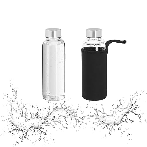 Relaxdays Trinkflasche Glas, 2er Set, 360ml, auslaufsicher, spülmaschinenfest, Hülle, Wasserflasche, transparent/schwarz