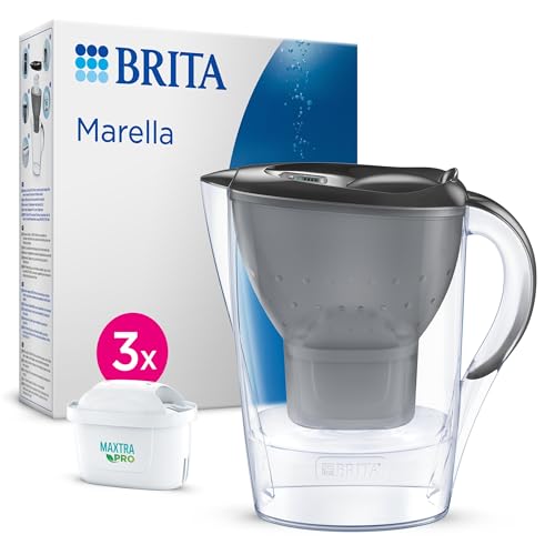 BRITA Wasserfilter Kanne Marella graphit (2,4l) inkl. 3x MAXTRA PRO All-in-1 Kartusche – Filter zur Reduzierung von Kalk, Chlor, Blei, Kupfer & geschmacksstörenden Stoffen im Wasser
