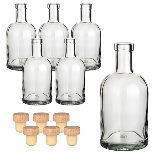 gouveo 6er Set Glasflaschen 500 ml Klassik mit Holzgriff-Korken (HGK) - Leere Flasche 0,5 l aus Glas zum Befüllen - Glasflasche für Likör, Schnaps, Gin, Öl, Essig