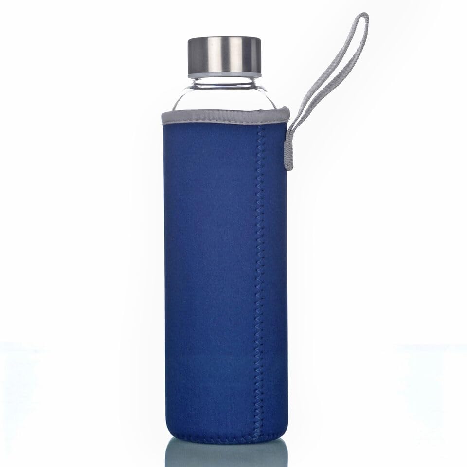 Trinkflasche aus Glas, (Blau, 550 ml) Sportflasche to-go Glastrinkflasche, Borosilikatglas, Wasserflasche Fahrradflasche Glasflasche Getränkeflasche und Deckel aus Edelstahl
