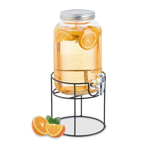 Relaxdays Getränkespender mit Ständer, Zapfhahn & Deckel, 3,3 Liter, Glas, Wasserspender, Limonadenspender, transparent