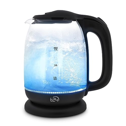T24 LED Glas Wasserkocher 1,7 Liter mit LED-Beleuchtung, Wasserkocher Glas, Wasserkocher schwarz, kettle, Heißwasserspender, Electric kettle 2200W | TÜV Rheinland GS Zertifiziert