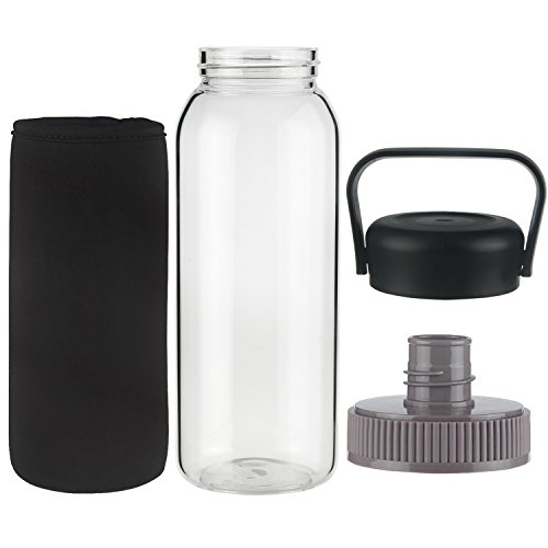 Ferexer 1 Litre Borosilikat Glas Trinkflasche Wasserflasche mit Neopren-Hülle BPA-frei 1000 ml / 1 L