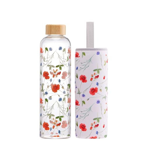 Autsel Glasflasche 500ml Trinkflasche Glas Auslaufsicher, Wasserflasche Glas BPA freie, Leichte Borosilikat Glasflasche mit Neoprenhülle