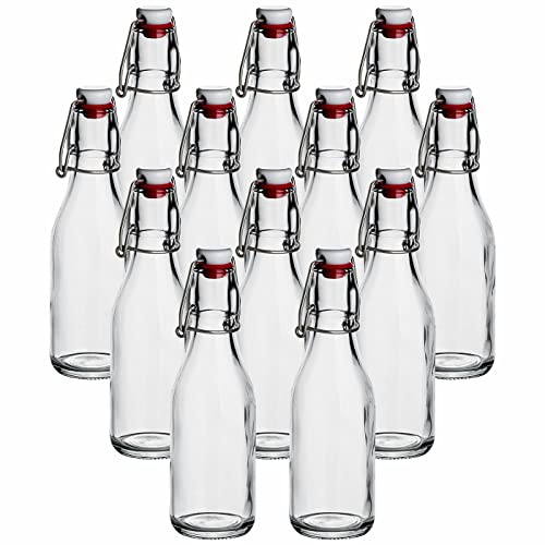 gouveo 12er Set Glasflaschen 250 ml rund mit Bügelverschluss - Leere Bügelflaschen zum Befüllen und Verschenken - Ideal für Likör, Sirup, Saft, Smoothie, Öl, Essig (BFR250)