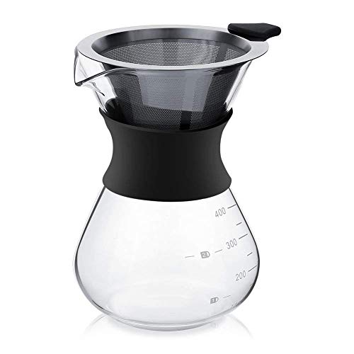 YunNasi Pour Over Kaffeebereiter Hand Kaffee Edelstahl Handfilter aus Glas mit Permanentfilter (400ML) Schwarz