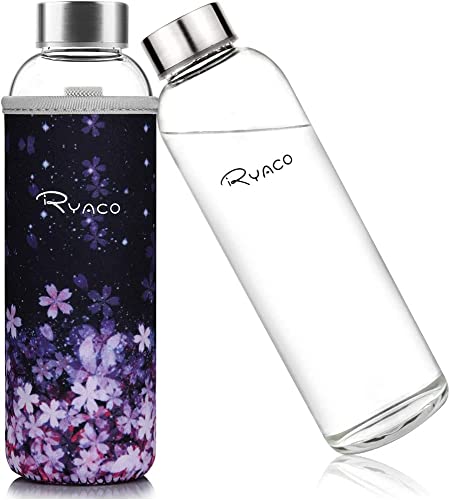 Ryaco Glasflasche 1 liter /1l - 550ml - Trinkflasche Wasserflasche Glas mit Neoprenhülle - Flasche Glas mit Schwammbürste - Glastrinkflasche für kohlensäurehaltige Getränke