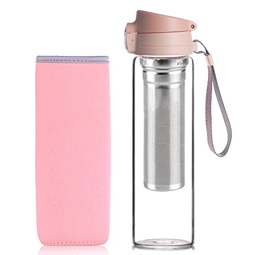 Reeho Borosilikatglas-Wasserflasche, 510 ml, BPA-frei, mit Neopren-Schutzhülle und Gurt, Sportflasche für Wandern/Fitnessstudio/Laufen, lässt sich mit einem Griff öffnen, TAN02-PINK, Pink 2, 510ml