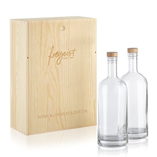 freigeist Glaskaraffe mit Deckel 1l Duopack in Holzbox, Karaffe mit Glaskorken, Flasche zum Befüllen, Apothekerflasche, Likörflasche