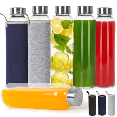 Solvant 6er Set Trinkflasche Glas 500 ml, Wasserflasche mit Edelstahldeckel, Klares Auslaufsicheres Smoothie Flaschen Glasflasche-set zum Entsaften, KohlensäUrehaltige GeträNke, KaltgeträNke