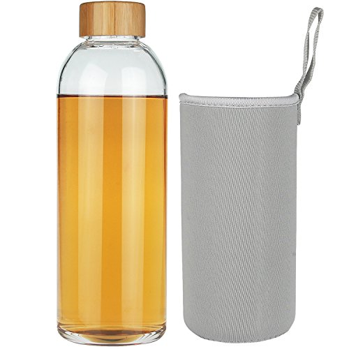SHBRIFA Borosilikat Glas wasserflasche, Glass Trinkflasche mit Neopren-Hülle und Auslaufsicherem Bambusdeckel, BPA-frei 350ml / 550ml / 1000ml