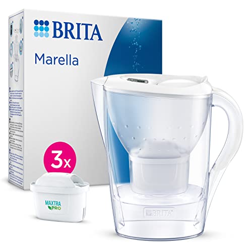 BRITA Wasserfilter Kanne Marella weiß (2,4l) inkl. 3x MAXTRA PRO All-in-1 Kartusche – Wasserfilter zur Reduzierung von Kalk, Chlor, Blei, Kupfer & geschmacksstörenden Stoffen im Wasser