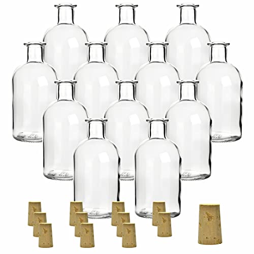 gouveo 12er Set Glasflaschen 250 ml Apotheker mit Korken - Runde Flasche zum Befüllen - Leere Apothekerflasche für Likör, Öl, Essig (AFRT250SK)