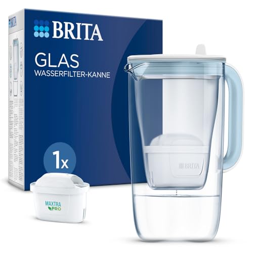 BRITA Glas Wasserfilter-Kanne hellblau (2,5l) inkl. 1x MAXTRA PRO All-in-1 Kartusche – Premium Design Kanne aus Glas, robust & leicht