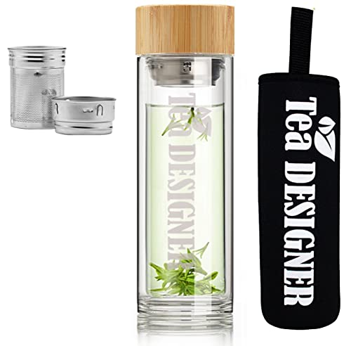 TEA TO GO,Deluxe Teekanne BPA frei,Tee-Flasche Trinkflasche aus Glas to go + Edelstahl-Sieb +Bambus Deckel+Schutzhülle,Thermobecher, Thermosflasche,Glasflasche,Teebereiter,doppelwandig,Tee Maker