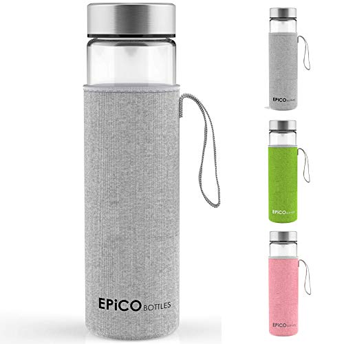 EPiCO BOTTLES Classic Trinkflasche Glas 600ml - Glasflasche mit Neoprenhülle - spülmaschinenfest - Wasserflasche für Büro, unterwegs - BPA frei