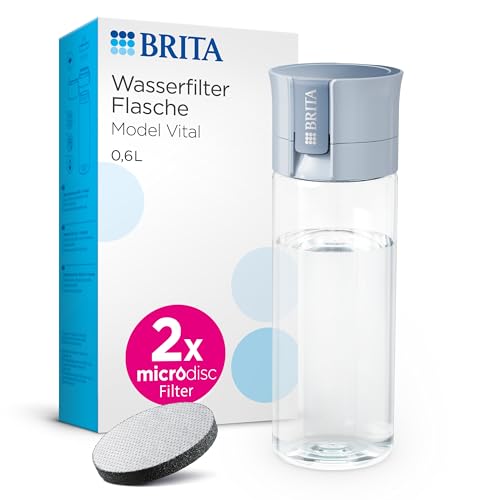 BRITA Wasserfilter Flasche Model Vital hellblau (600ml) inkl 2 MicroDisc Filter – Praktische Trinkflasche mit Wasserfilter für unterwegs, filtert Chlor & Bakterien beim Trinken/spülmaschinengeeignet